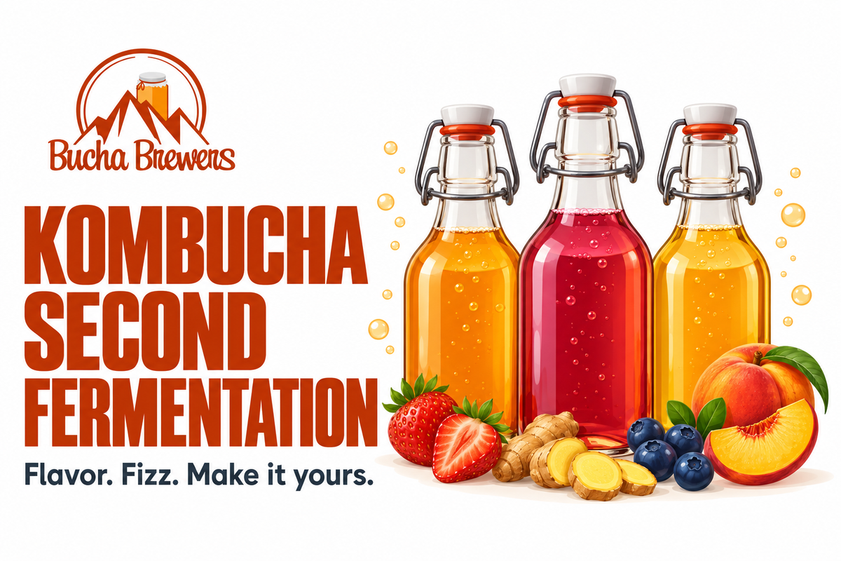 Bucha Brewers illustration of three flip-top kombucha bottles with strawberries, blueberries, peach, and ginger