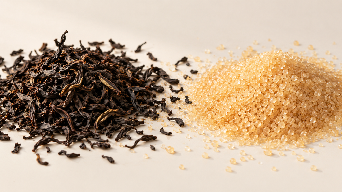 Loose black tea leaves beside organic cane sugar