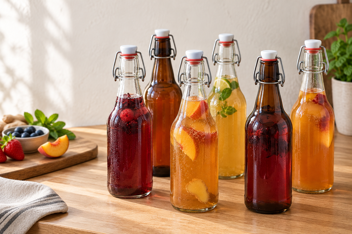 Clear and amber glass flip-top bottles filled with flavored kombucha for second fermentation